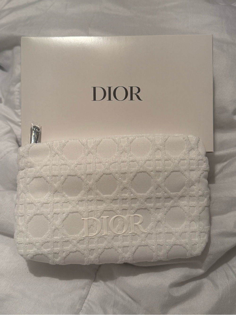 Dior White Textured Embroidered Cosmetic Pouch